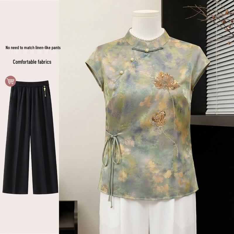 Yuzhaolin Women's New Chinese Style Floral Summer Set