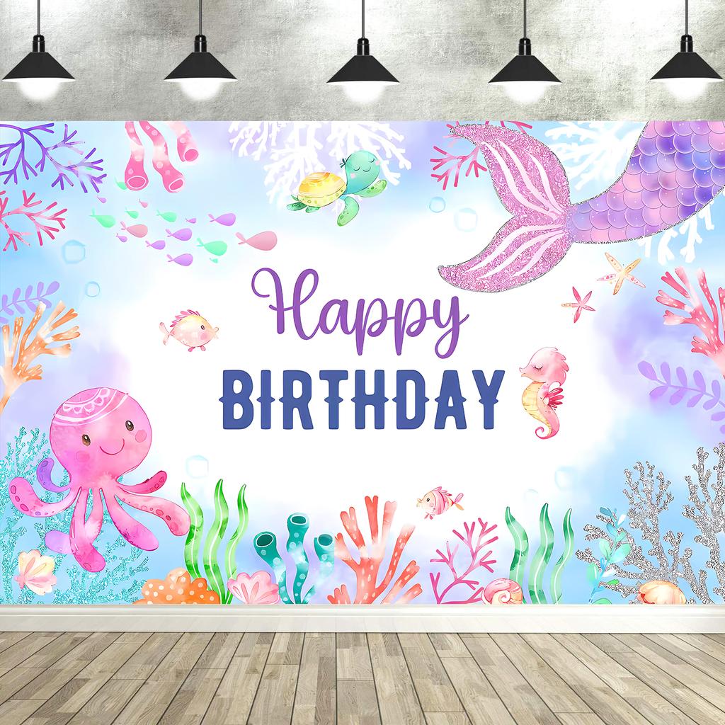 Mermaid Birthday Backdrop Under The Sea Birthday Party Decoration for Girl Purple Glitter  Mermaid Tails Photography Background