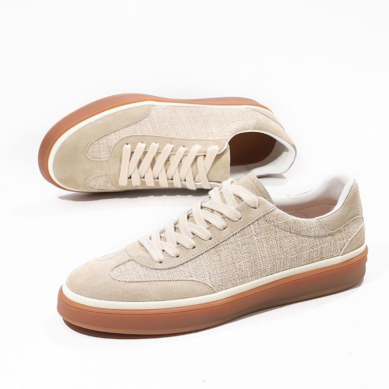 Men's Old Money Style Low-Top Breathable Cowhide Spliced Linen White Skate & Running Shoes
