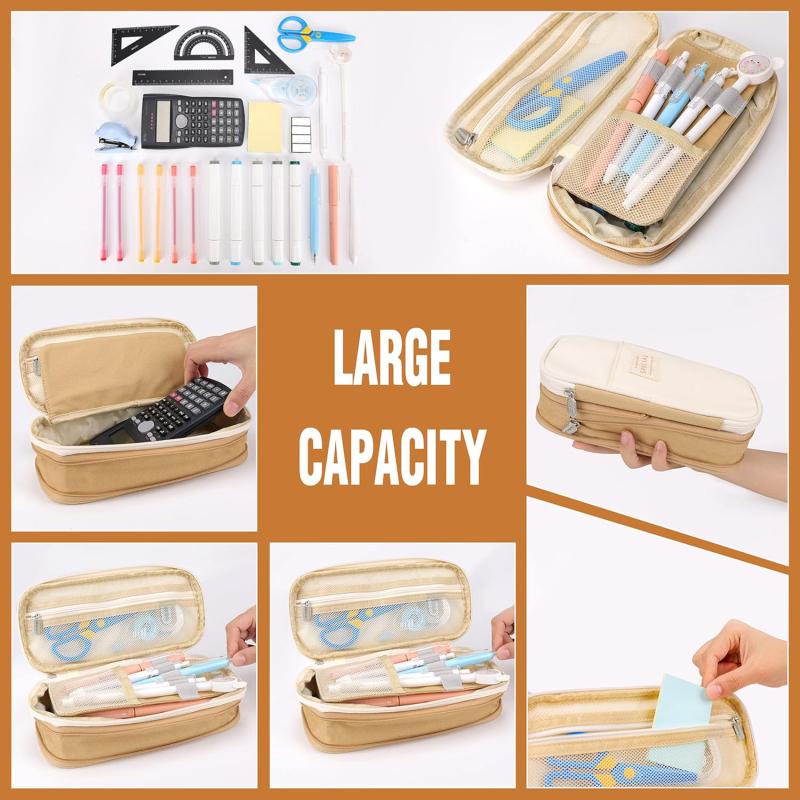 Cute Canvas Pencil Case Student Color Block Stationery Storage Bag Multifunctional Large Capacity Pen Bag Organizer Pouch