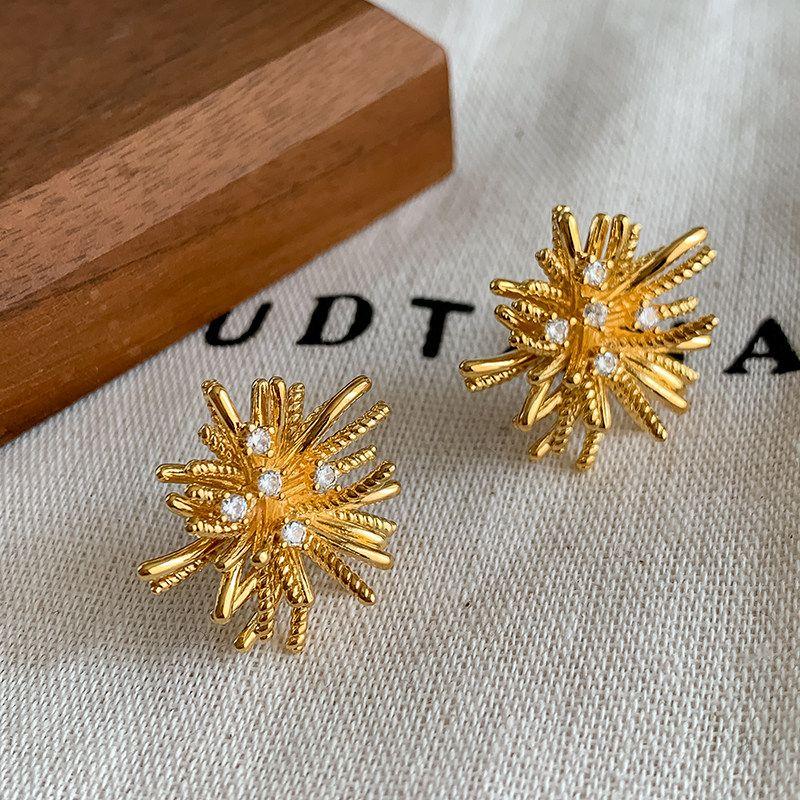 Sterling Silver Needle Fashion Style Exaggerated Metal Fireworks Shape Fashionmonger Personalized Special Interest Earrings Earrings Elegant Fancy Gold
