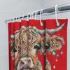 Watercolor Highland Cow Shower Curtain Christmas Lights Rustic Farmhouse Decorative Bath Linen Red Background With Multicolor Fl