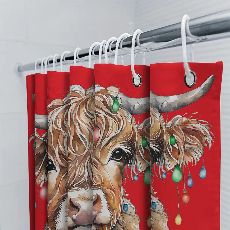 Watercolor Highland Cow Shower Curtain Christmas Lights Rustic Farmhouse Decorative Bath Linen Red Background With Multicolor Fl