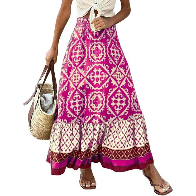 

Женская летняя макси-юбка с высокой талией, плиссированная юбка, затягивающаяся на шнурок, с цветочным принтом, оборками, юбка А-силуэта XL розы красного