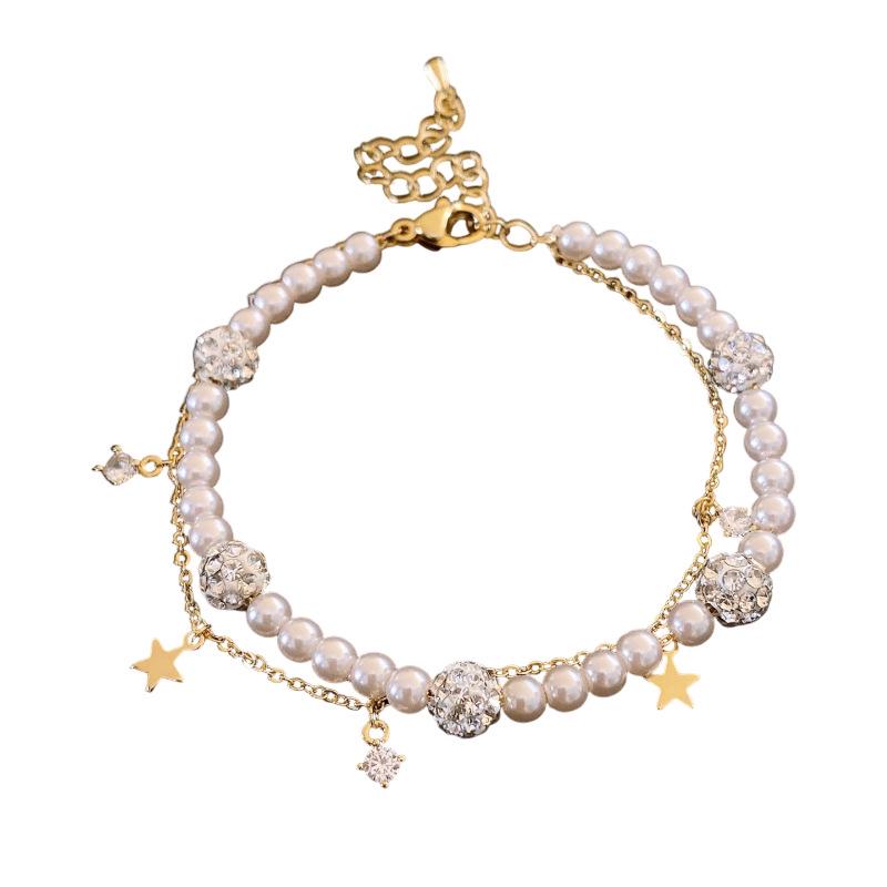 Elegant French Pearl & Zircon Star Double Layer Bracelet - Versatile Jewelry for Women
