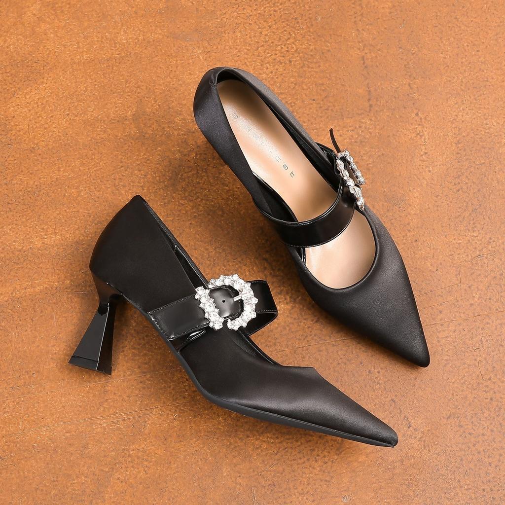 75337 [sheepskin] High Heels Women's Thin Heels 2025 New Pointed Rhinestones with Mary Jane Single Shoes