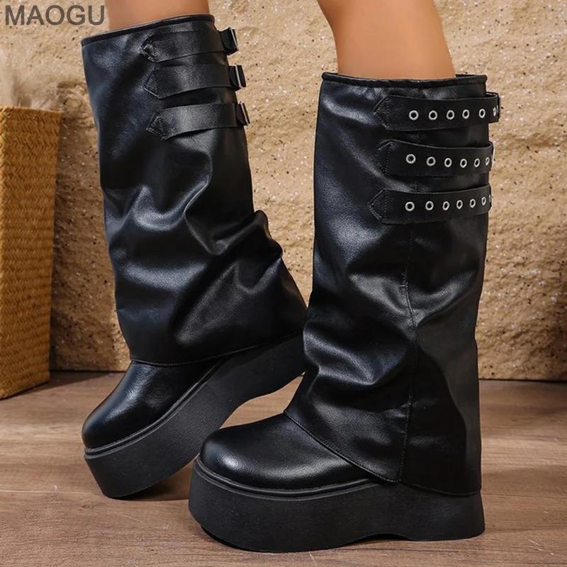 Platform High Heel Boots for Women Fashion Black Buckle Straps Mid Calf Boots Woman Pu Leather Platform Botas Mujer Thick Bottom