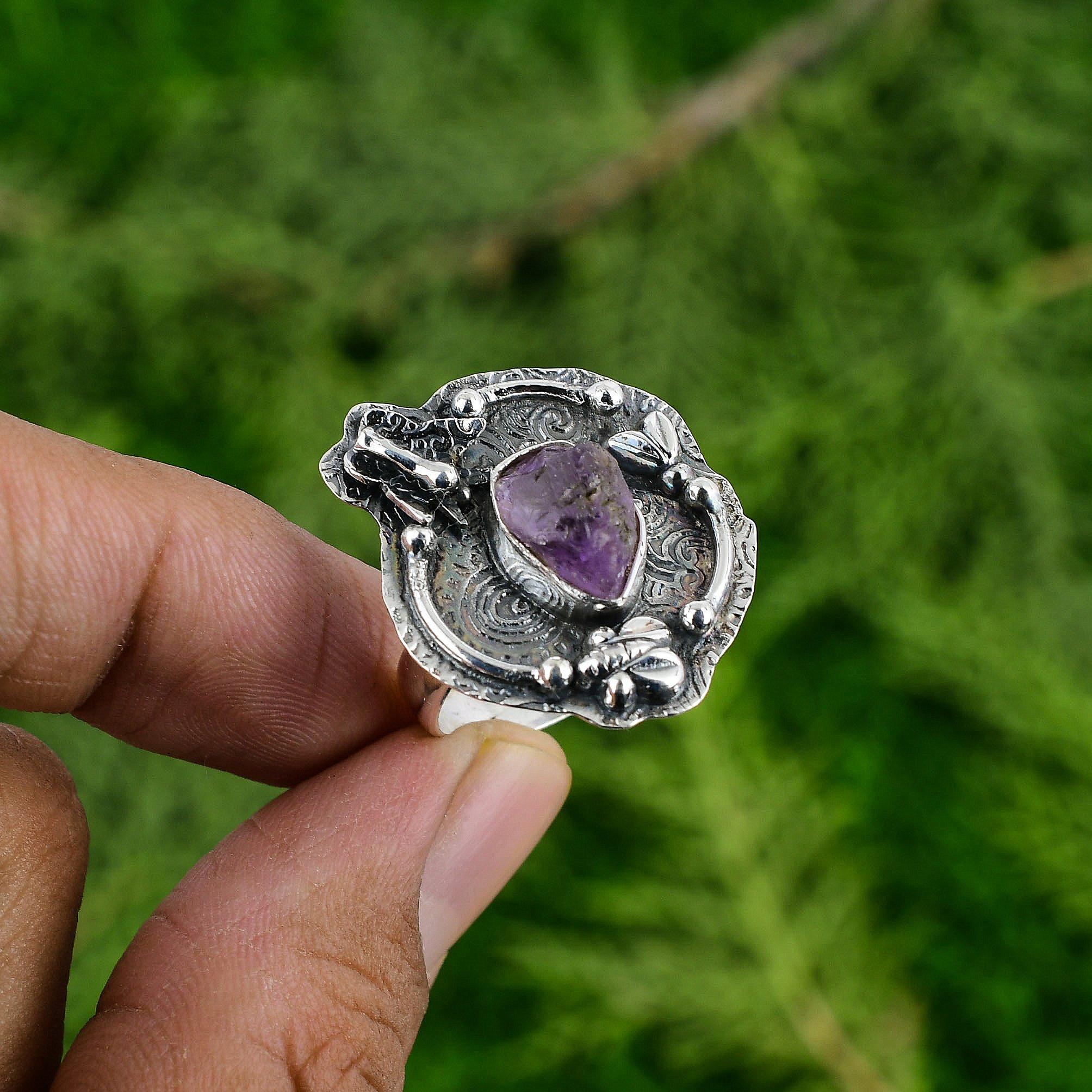 

Sterling Silver Crown Chakra African Amethyst Rough Stone Stackable Bezel Ring Adjustable