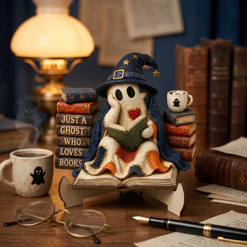 Halloween Ghost Figurine Reading Book, Wooden Decorative Piece, Pleasant Afternoon Tea Scene Atmosphere, Home Decoration Item
