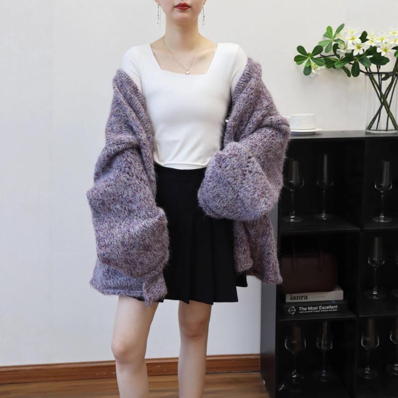 Purple knitted cardigan autumn and winter new design lazy style loose high-end sweater jacket women