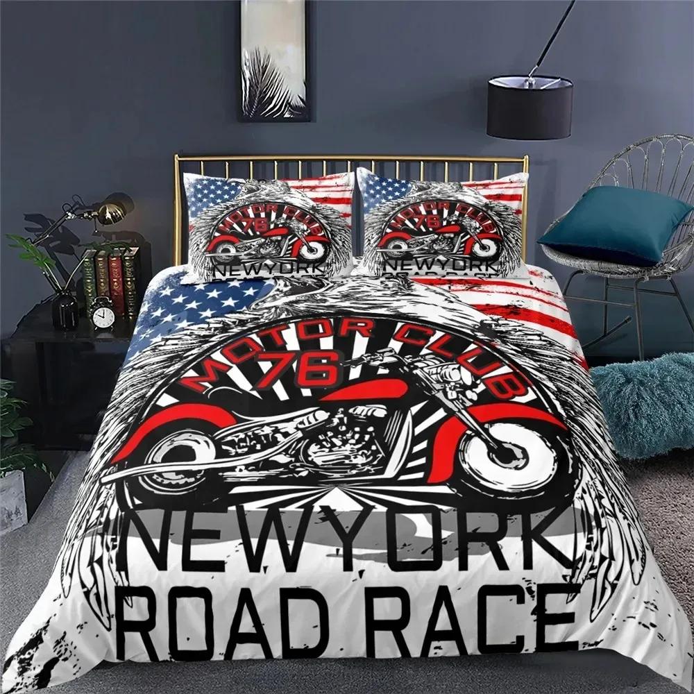 3D Motorrad Schädel Bettbezug Set Full Queen King Size Polyester Bettwäsche Set Doppel Einzel Bettdeckenbezug Set Für Erwachsene Jugendliche