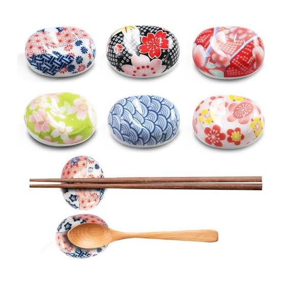 Set of 6 Ceramic Chopstick Rests - Oval Cherry Blossom Design, Spoon Rests, Tableware Accessories, Japanese Style, Dishwasher Safe