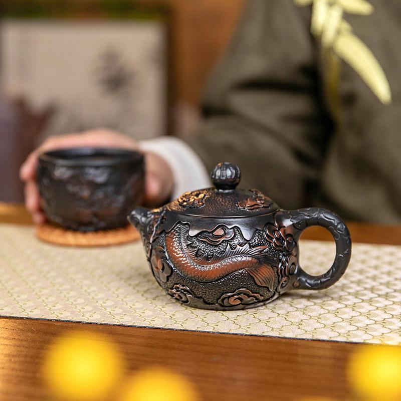Purple Pottery Vintage Handmad Teapot Ceramic Carve Kung Fu Teapot Single Teapot Pu'er Tea Making Tea Sets Chinese Tea Pot