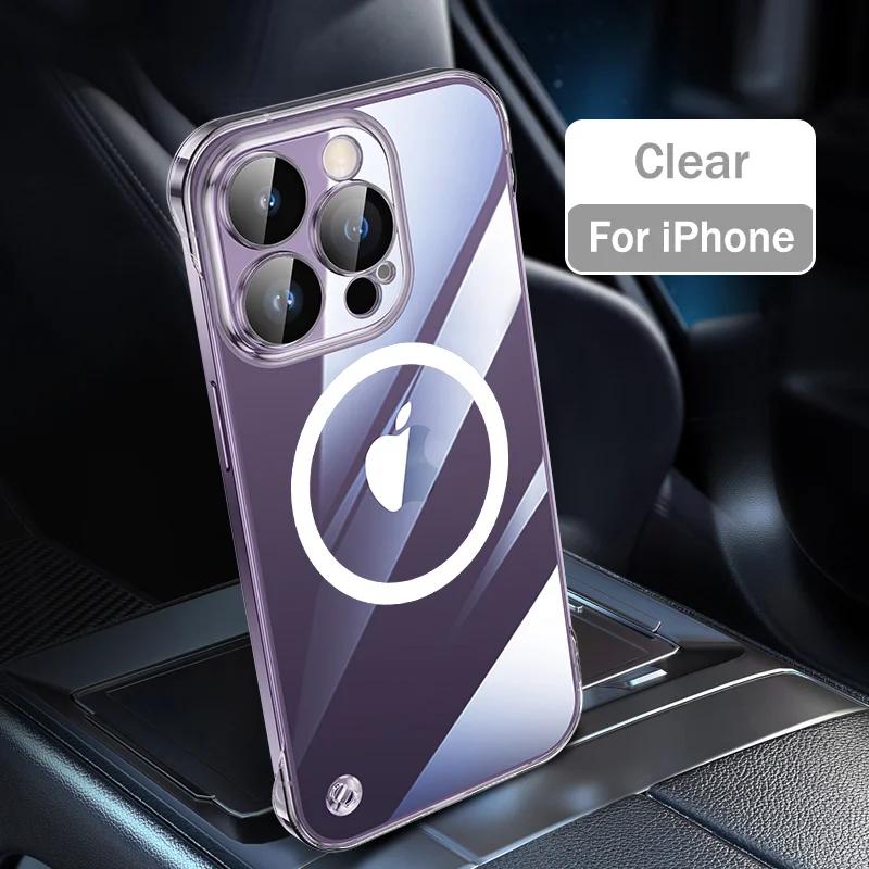 

Роскошный безрамочный магнитный чехол с роскошным покрытием для Magsafe, тонкий чехол для iPhone 14 13 15 Pro Plus Max, прозрачный тонкий чехол для ПК с беспроводной зарядкой For iPhone 14 Pro