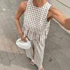 Damen Trägertop Hose Zweiteiliges Set Sommer Kariert Ärmellos Rüschen T-Shirt Weite Hosen Locker Lässig O-Ausschnitt Shirt Elastischer Bund