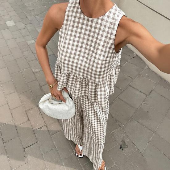 Damen Trägertop Hose Zweiteiliges Set Sommer Kariert Ärmellos Rüschen T-Shirt Weite Hosen Locker Lässig O-Ausschnitt Shirt Elastischer Bund