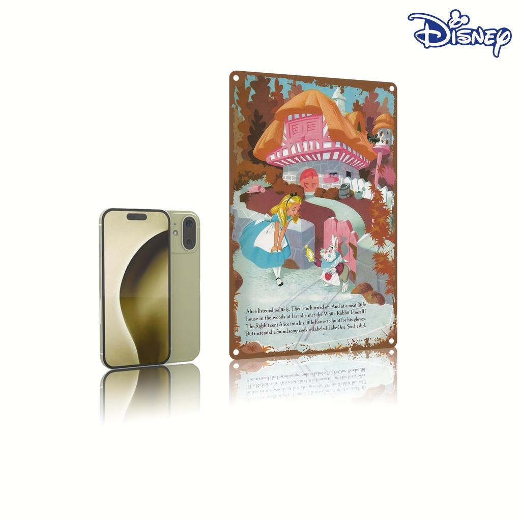 1pc Disney Alice in Wonderland Metal Tin Sign - Vintage Wall Art with White Rabbit & Alice, 20.32x30.48 cm Durable Iron Decorati