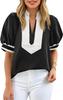Damen Farbblock V-Ausschnitt Bluse Puff Laternenärmel Locker Elegant Lässig Sommer Oberteil
