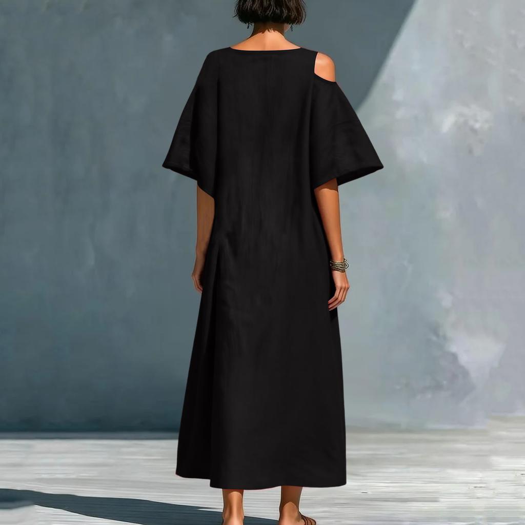 Modisches Damen Hemdkleid mit Rundhalsausschnitt, lockerer Passform, aus Baumwoll-Leinen-Mischung