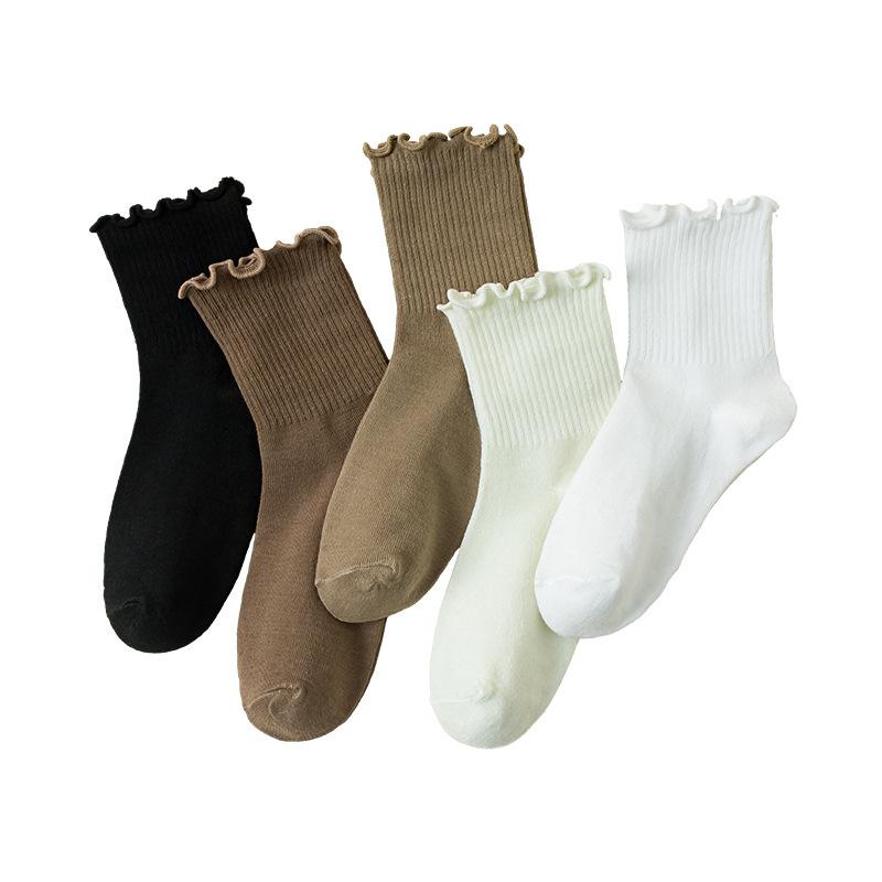 10 Pairs of Female Autumn Solid Color Wooden Ear Edge In The Tube Pile Socks