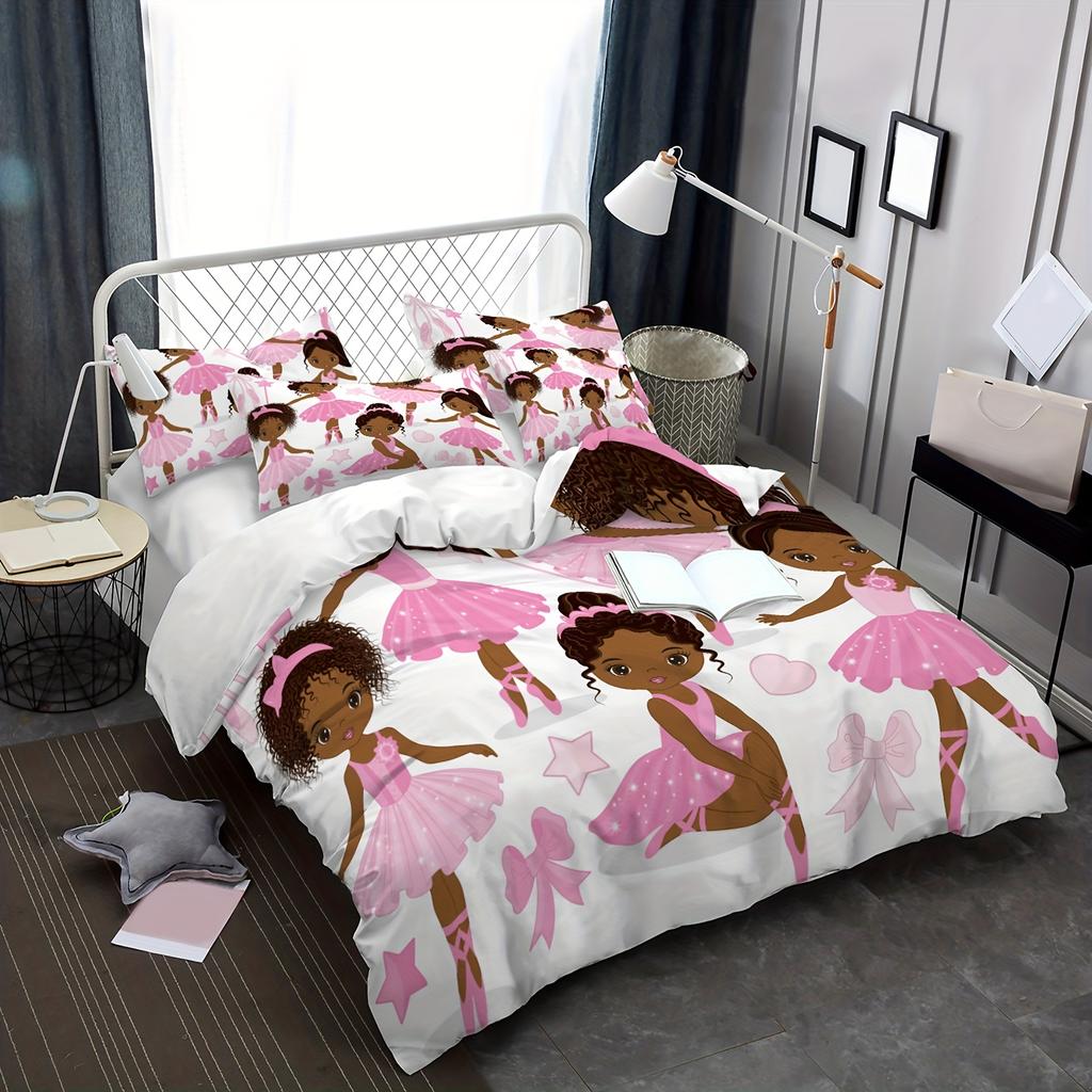 Ballet-Themed Cartoon Pink Flower Bedding Set For Little Girls, Featuring Washable Ultra-Fine Microfiber Duvet Cover Set