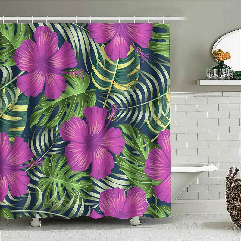 Modern Style Floral Print Shower Curtain for Bathroom Decor – Pink Hibiscus Green Leaves Pattern In Blue Watercolor Effect 72 X