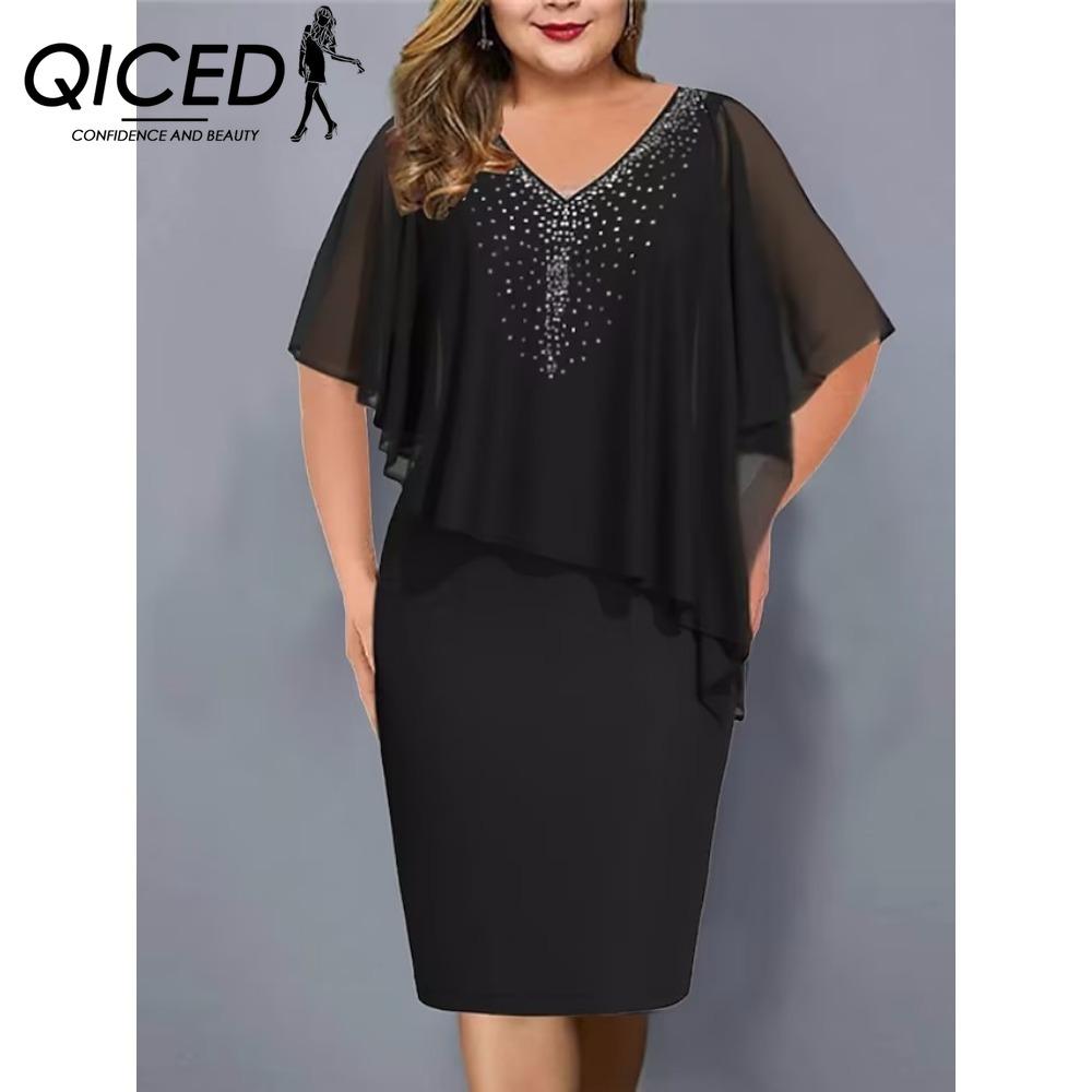 QICED Dámské šaty plus size s výstřihem do V, asymetrické šaty na hýždě, šifonové šaty se sekviny(L-5XL)