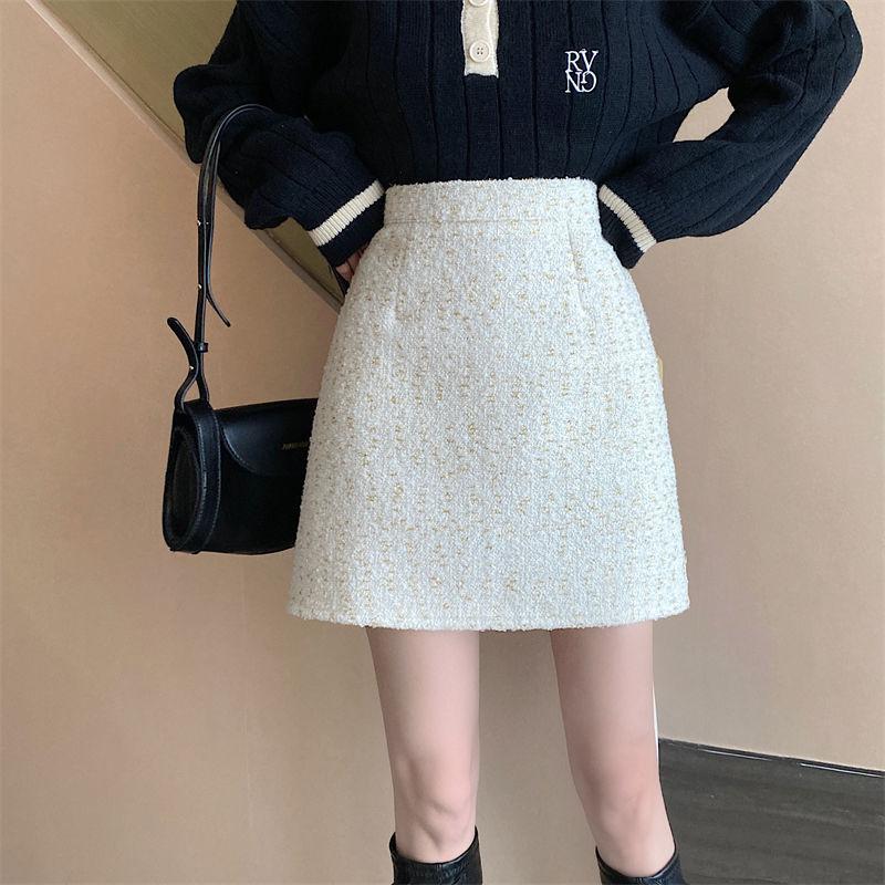 Fioletowe tweedowe spódnice damskie ołówkowe obcisłe spódnice z wysokim stanem Vintage jesienno-zimowa szczupła koreańska elegancka krótka mini spódniczka