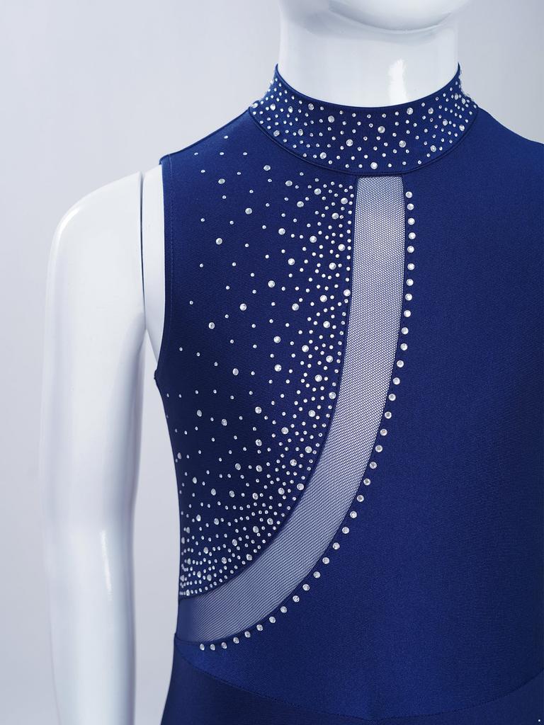 Jenter Rhinestone Mesh Jumpsuit Mock Neck Ermeløs Utringet Rygg Bodysuit for Kunstløp Gymnastikk Opptreden