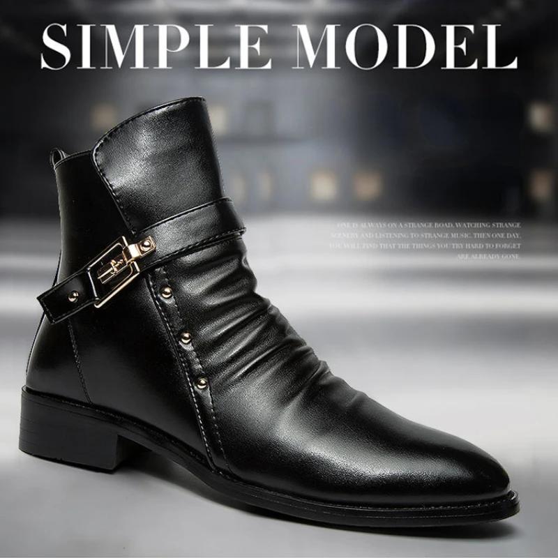 Fashion Autumn Winter Elegant Chelsea Boots Leather Men Ankle Shoes Slip-on Dress Formal Boot for Man Pointed Toe Knight Botas Masculino