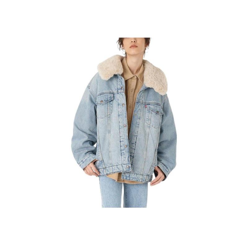 Levis FW22 Casual Solid Color Lamb Wool Collar Loose Denim Jacket Women Jackets Blue A3484-0000