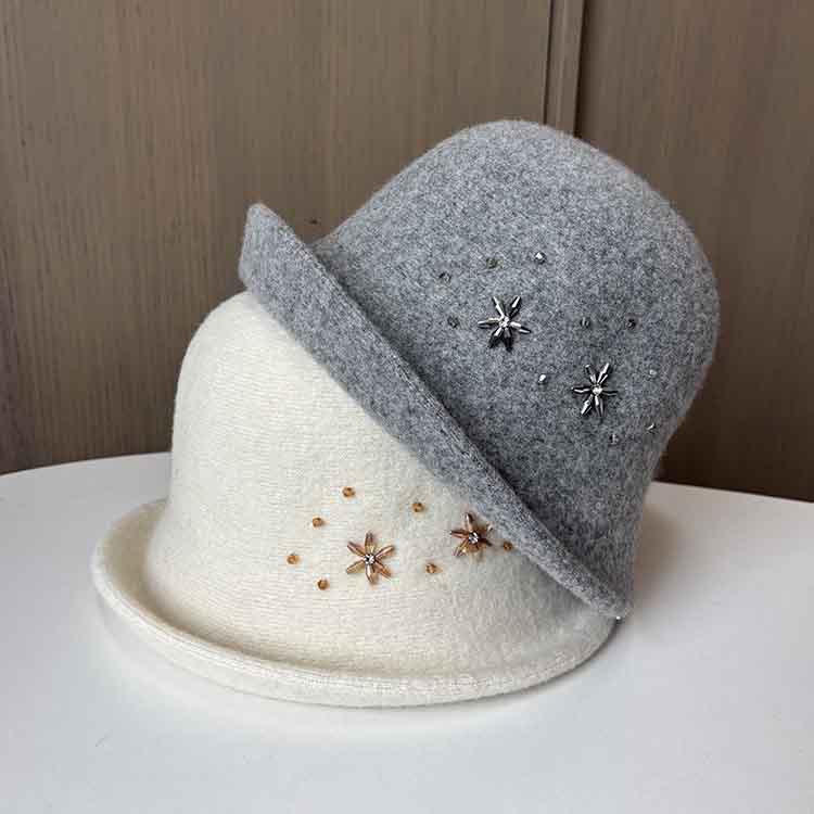 Retro Small Fragrant Style Fashion Wool Bucket Hat Women Autumn And Winter Warm Foldable Basin Hat Rhinestone Elegant Top Hat