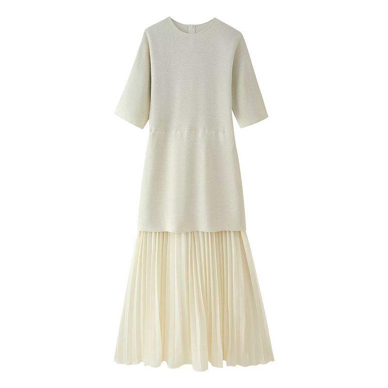 Kaslead New Women Clothes Western Style Round Neck Short Sleeve Knitted Patchwork Dress 4192001