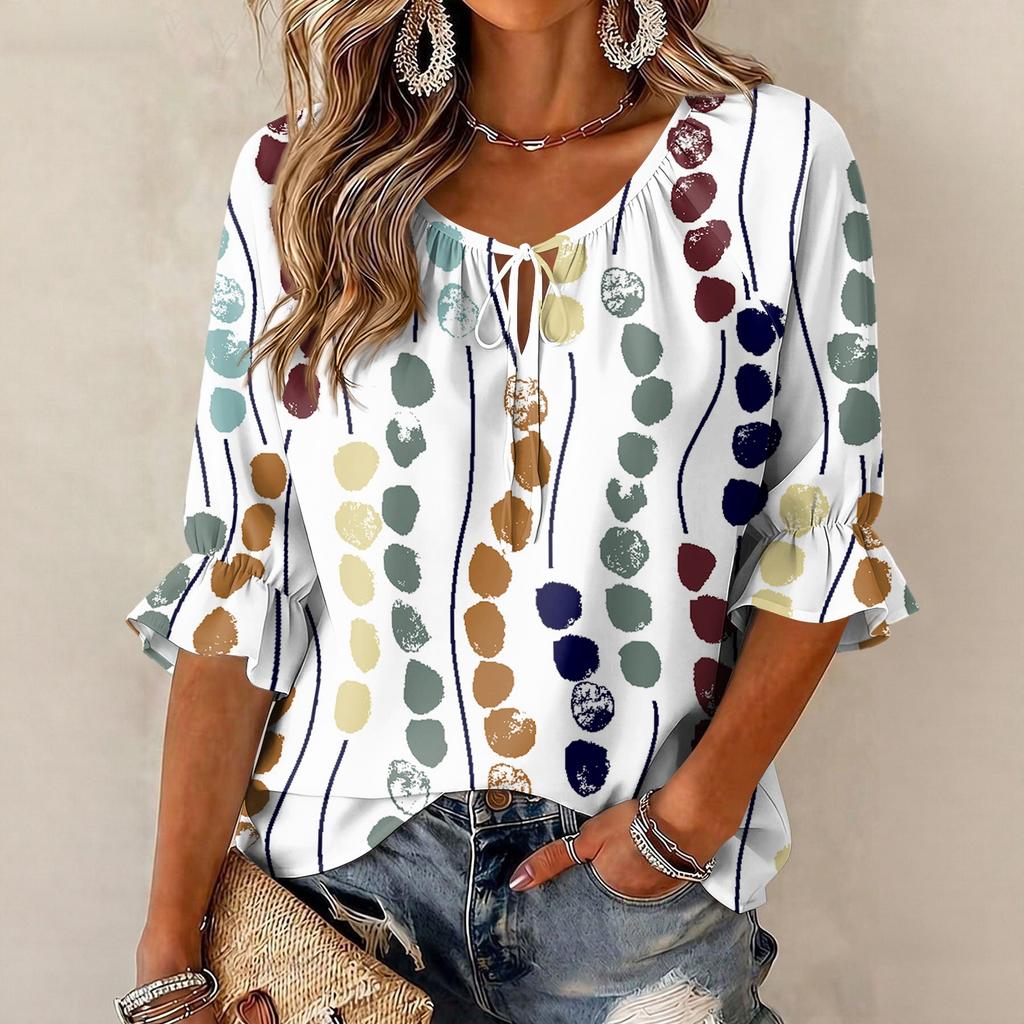 Women's Casual Floral Print Ruffled Blouse with Tie Neck and 3/4 Sleeves