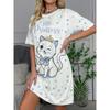 Ladies' Sweet Crown Cat Round Neck Pajamas, White Background Pink Polka Dot Fitted Long T-Shirt