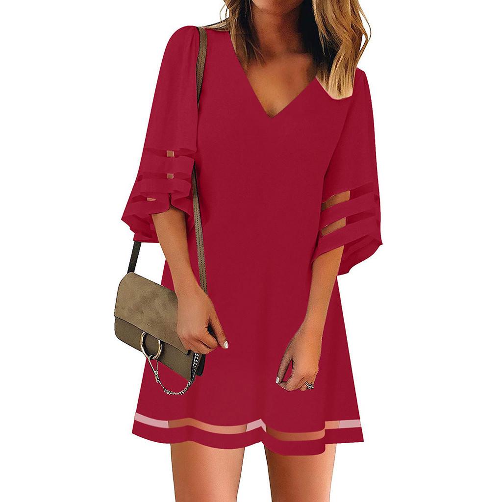 Women s V Neck Mesh Panel Blouse 3/4 Bell Sleeve Loose Top Shirt Dress M