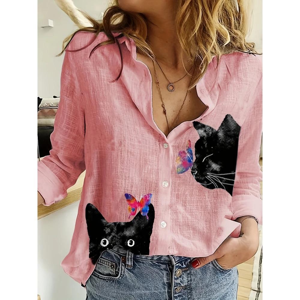 Women's Shirt Spring Fashion Clashing Color Patchwork Shirt Tops Blouse Temperament Sense Long Sleeve Cat Print Shirts