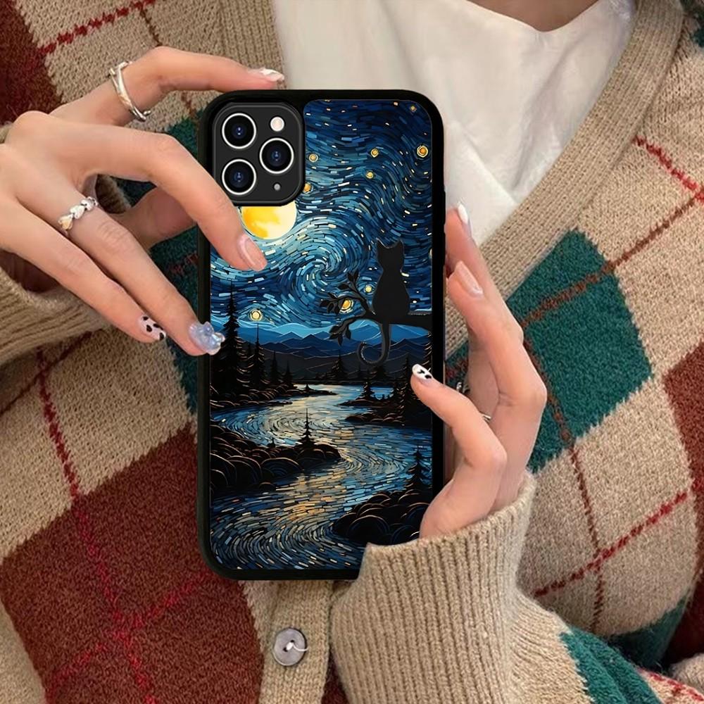 Cartoon Animal Black Cat Oil Painting Phone Case Silicone PC+TPU For For IPhone 11 12 13 14 15 16 Plus Pro Max Cover