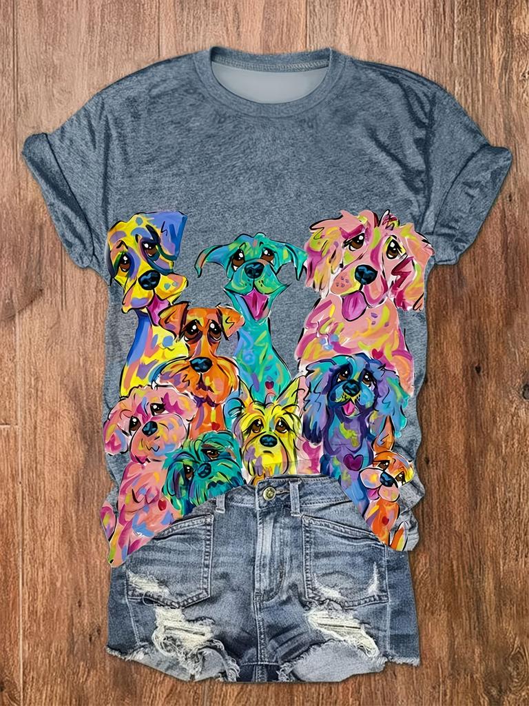 Damen Niedliche T-Shirts Rundhals Kurzarm Cartoon Hund Druck T-Shirt Damen Outfits Lässig Tägliche Kleidung