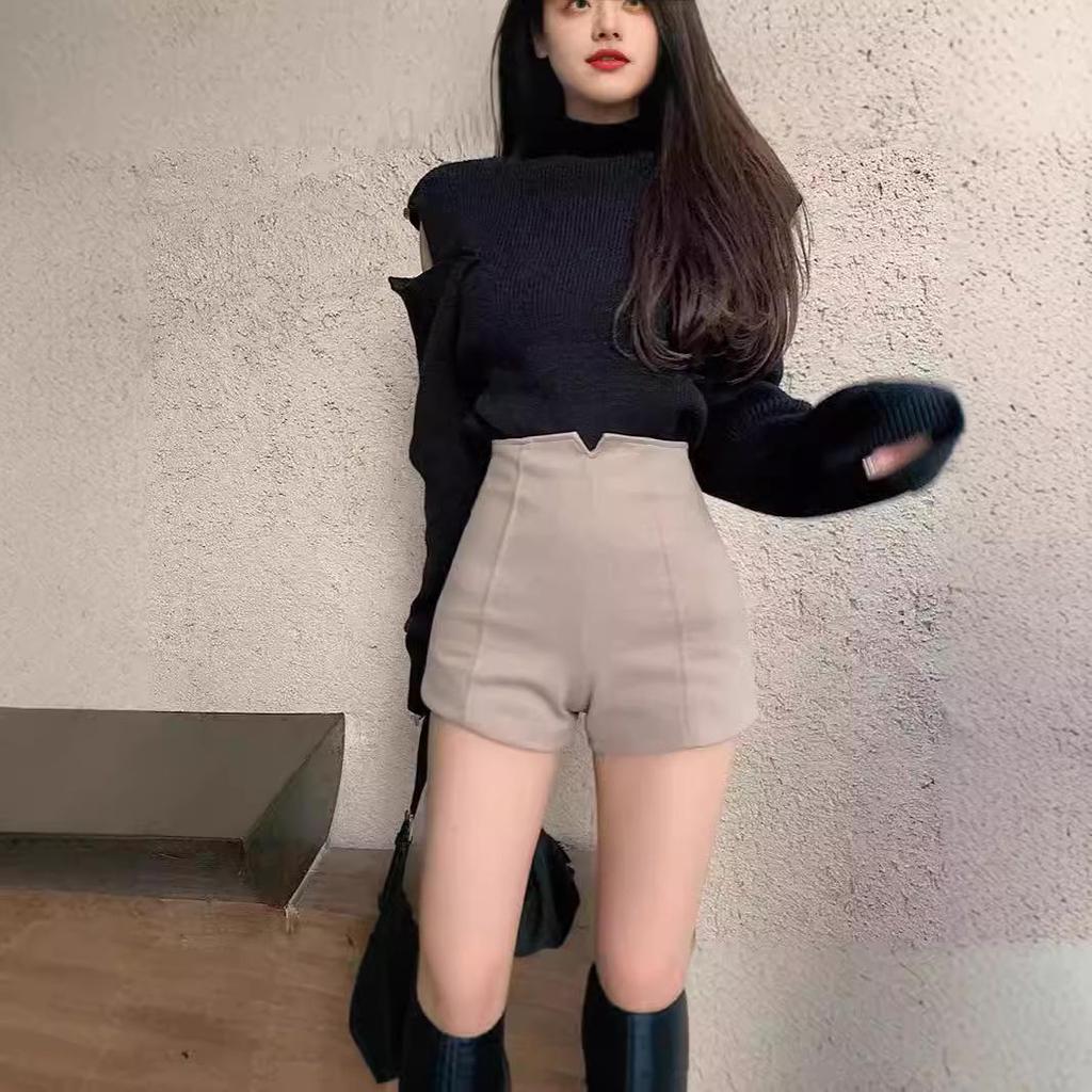 Korean Style High Waist Woolen Black Shorts - Autumn/Winter Casual Versatile Slimming Booty Shorts