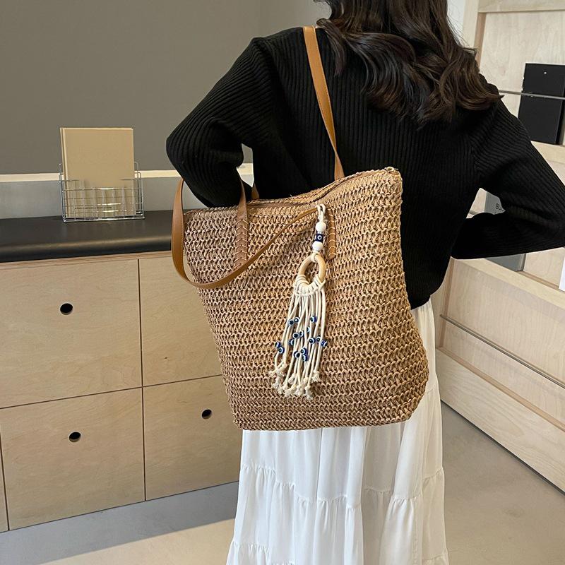 Yogodlns Dámská háčkovaná plážová kabelka s třásněmi, pletená cestovní kabelka, zapínání na zip, retro slámová kabelka, dámská letní taška pro každý den