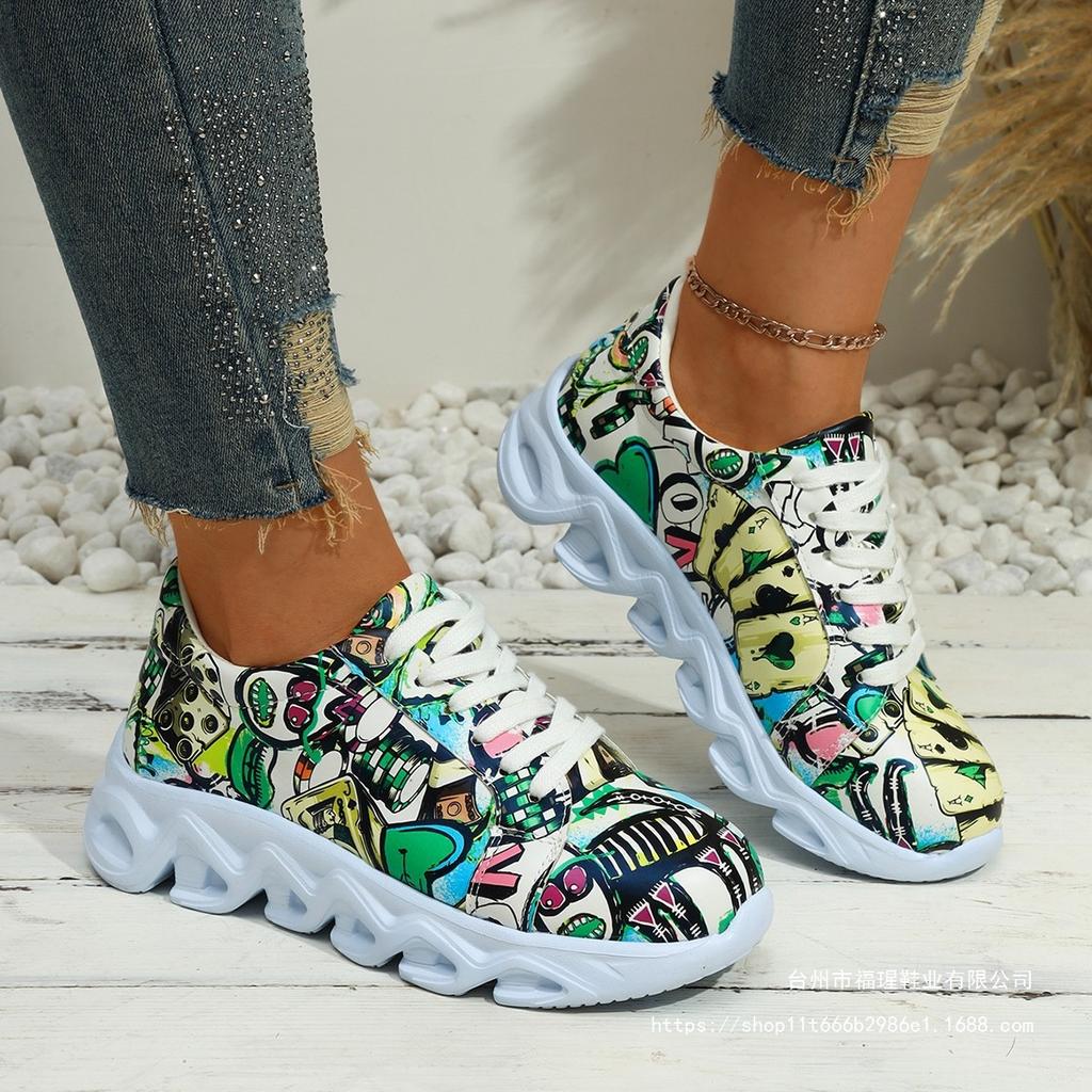 Sneakers Large Size Sneakers Women's Outer Wear Muffin Thicksole Front Lace-Up Low Top Full Graffiti Casual Sneakers