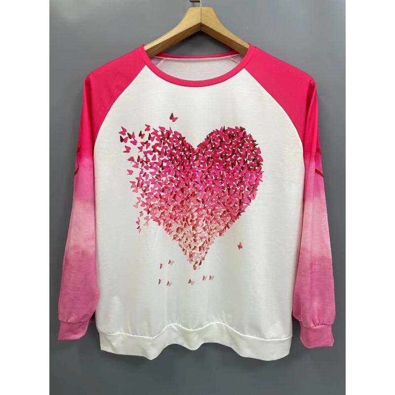 Plus Size Butterfly Print Sports-Shirt Casual Long Sleeve Round Neck Pullover Women's Plus Size Clothing