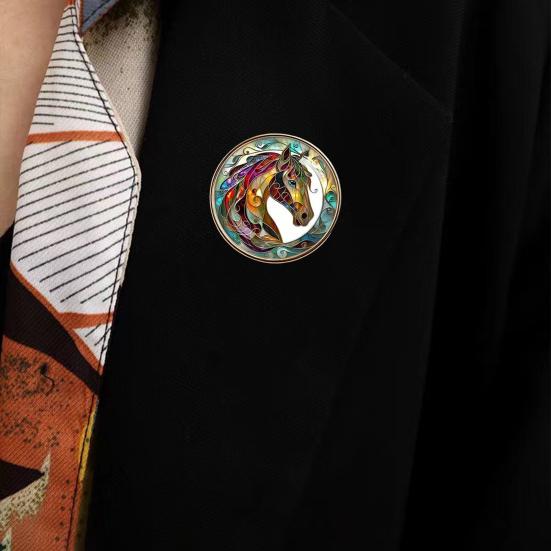 Horse Brooch Metal Edging Stained Glass Texture Artistic Design Small Round Pin Colorful Horse Pattern Badge Sweaters Scarves Accessory