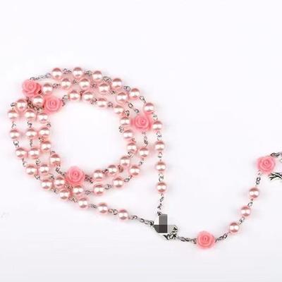 Roze Parel Rozenkrans Ketting met Kruis Hanger en Armband Set