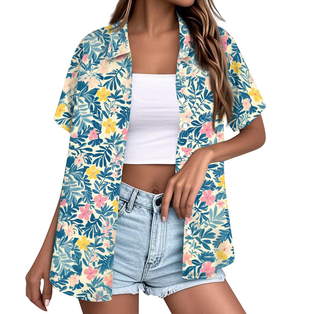 Women’s Fashion Casual Hawaiian Print Short Sleeve Button Down Collared Shirt Top with Relaxed Fit for Everyday Wear