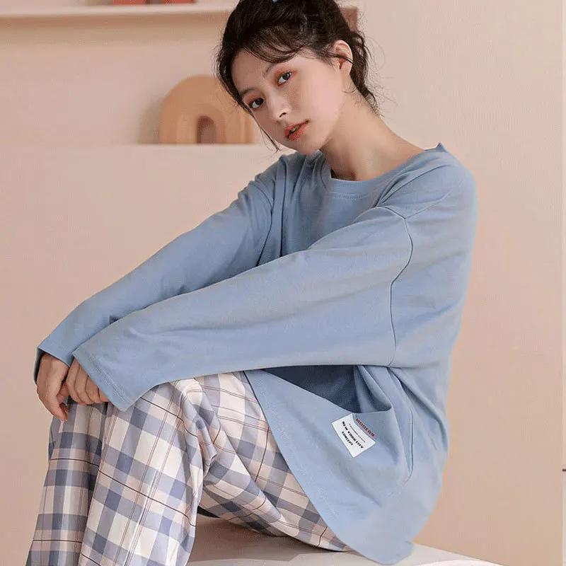 Lingerie Raffinata da Donna Set Primavera Manica Lunga a Quadri Abbigliamento per la Casa da Donna Può Essere Indossato Fuori Taglie Forti