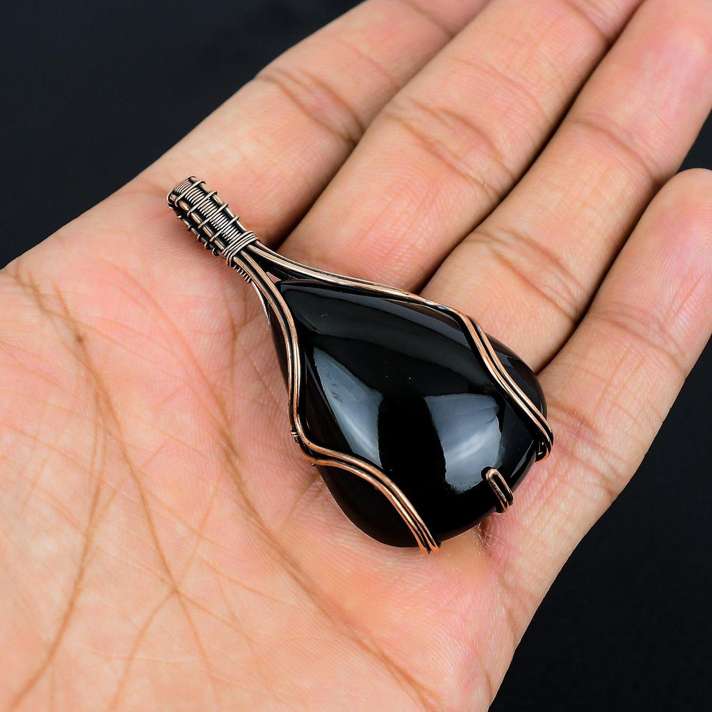 Black Obsidian Eye Pendant Gemstone Handmade Jewelry, 999 Copper Wire Wrapped Pendant, Gift For Wife Jewelry