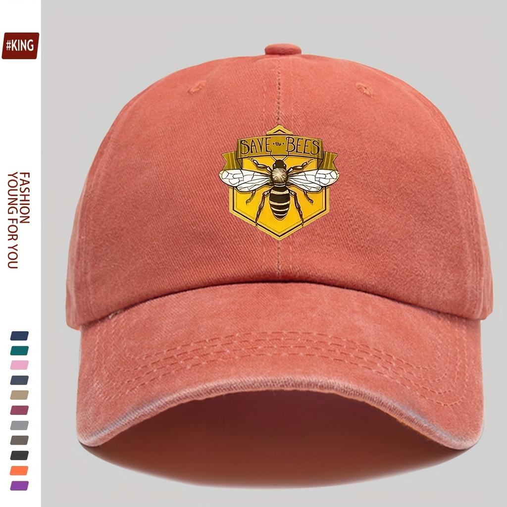 Retro bee patterned printed baseball cap with adjustable breathability and sun protection for street skateboarding couples