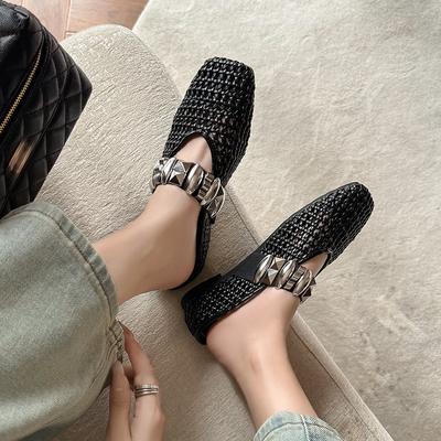 2025 Summer New French Retro Hollowed Fishing Net Breathable Casual Single Shoes Women's Inner Heightening Bag Head Slippers Women